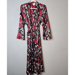 Cabernet Satin‎ Robe Womens Medium Black Red Floral Long Romantic Sexy Belted